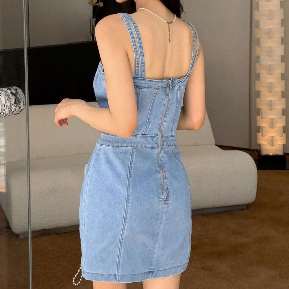 Blue Preppy Womens Button Front Denim Dress - Picture 2 of 5